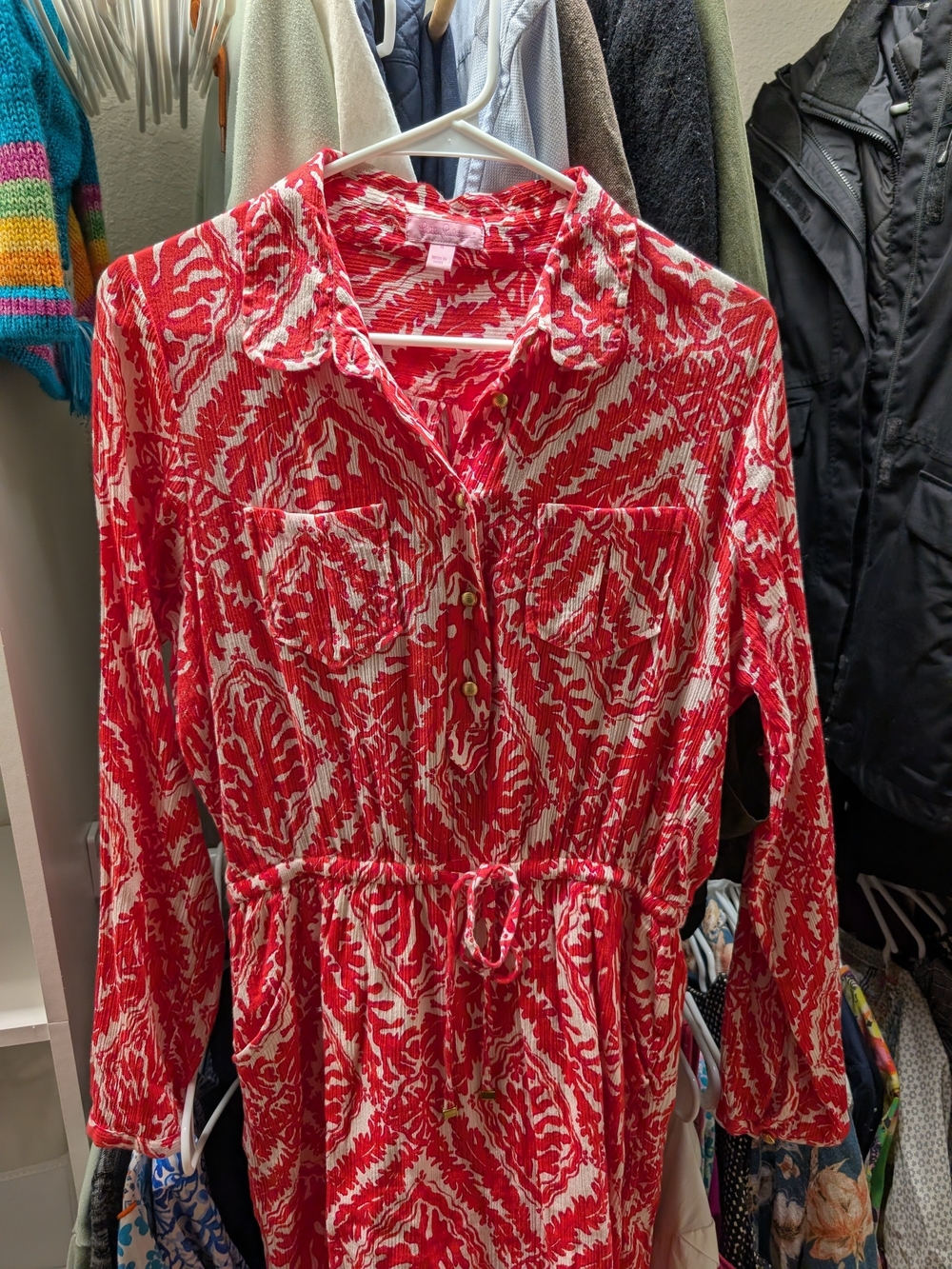 Lilly Pulitzer Long-Sleeve Coral Shirt Dress with Tie Waist Size 6